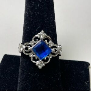 Elegant Silver Tone Scroll and Royal Blue Ring Size 8.5